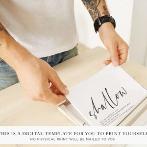 May include: A white card with the word "shallow" written in black cursive. The text "Tell me something good. Are you happy in this modern world? Do you feel something else? Or do you just go out and search?" is printed below the word "shallow".