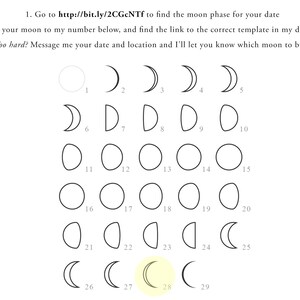 May include: A chart showing the phases of the moon, with 29 different moon phases illustrated in a circle. The moon phases are numbered 1 through 29. The chart is a guide to help you determine the moon phase for your date.