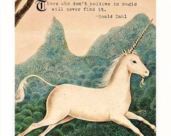 Vintage Unicorn Art Print, Roald Dahl Quote, Quotes on Magic, The Last Unicorn Vintage Art, Unicorn Wall Art, Mythical Creatures Art Print
