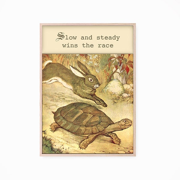 Printable Instant Download, Tortoise and Hare, Slow and Steady Wins The Race, Children's Fable, Storybook Art Print, Nursery Wall Art