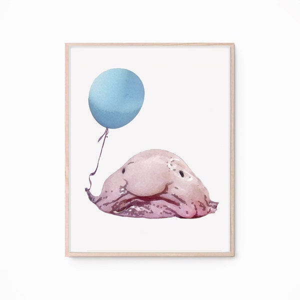 Instant Download, Blobfish Art Print, Blobfish and Balloon, Funny Birthday, Happy Birthday Blobfish, Cute Blobfish Print, Ugly Animals