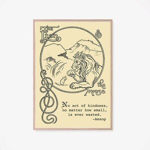 Sofort Download, The Lion and the Mouse, Aesop Fables Wandkunst, Storybook Art für Kinder, Zitate zur Güte, Kinderzimmer Kunst