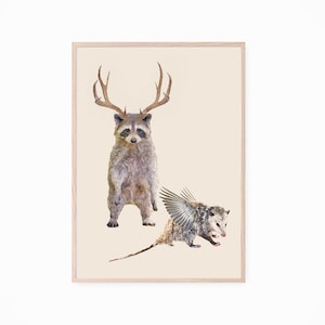 Printable Instant Download, Woodland Creature Art Print, Animal Hybrid, Forest Fantasy, Weird Animal Art, Raccoon, Buck, Opossum, and Bird