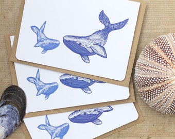Pack of 4 Whales greeting card - blank card - whale - happy card