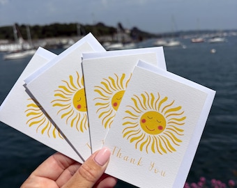 Happy Sun Mini Thank You Cards – Pack of 4 A7 Greeting Cards – Cute Sunshine Design – Blank Inside – Gratitude Notes – Small Thank You