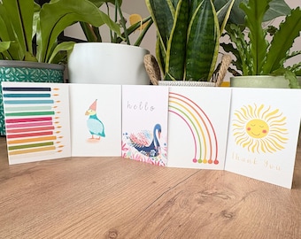 Happy collection Mini A7 greeting card pack. Set of 5 mixed bright and cheerful greeting cards, for any occasion