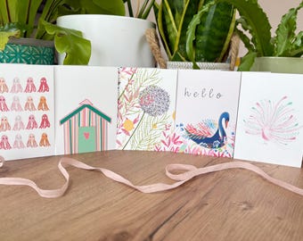 Pink Themed Greeting Card Set: Swan, Beach Huts, Peacock, and More