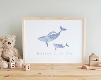 Whale Nursery Print: 'Welcome Little One' Sealife Art (A4 Digital Download)