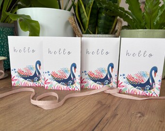 Swan 'Hello' Greeting Cards: Mini A7 Note Cards, Pack of 4