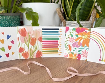 Bright Colourful Mini A7 greeting card pack. Set of 5 mixed bright and cheerful greeting cards, for any occasion