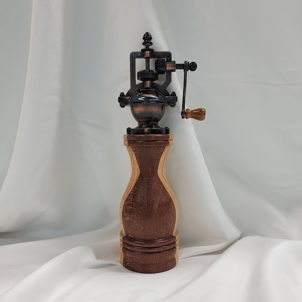 Exotic Lacewood and Oak Antique Style Hand Crank Peppermill