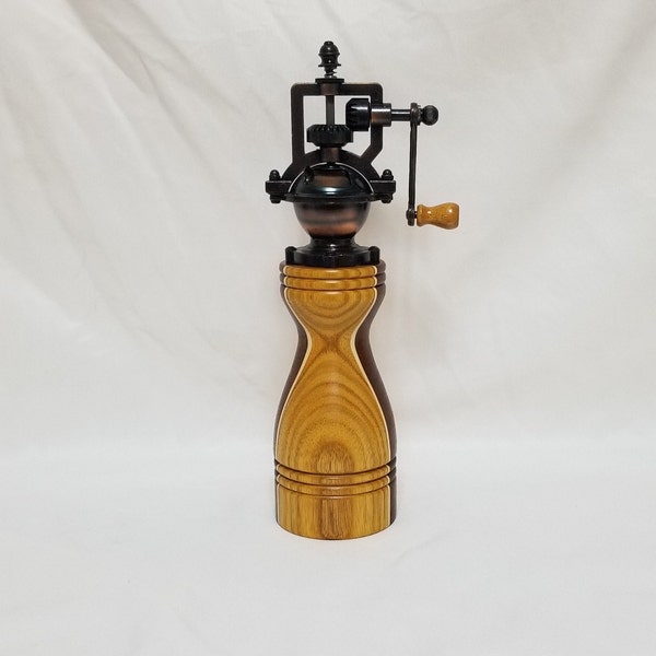 Woodturned Canary, Black Walnut and Maple Antiqued Copper Peppermill