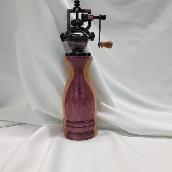 Purple Heart and Oak Hand Crank Antique Style Peppermill