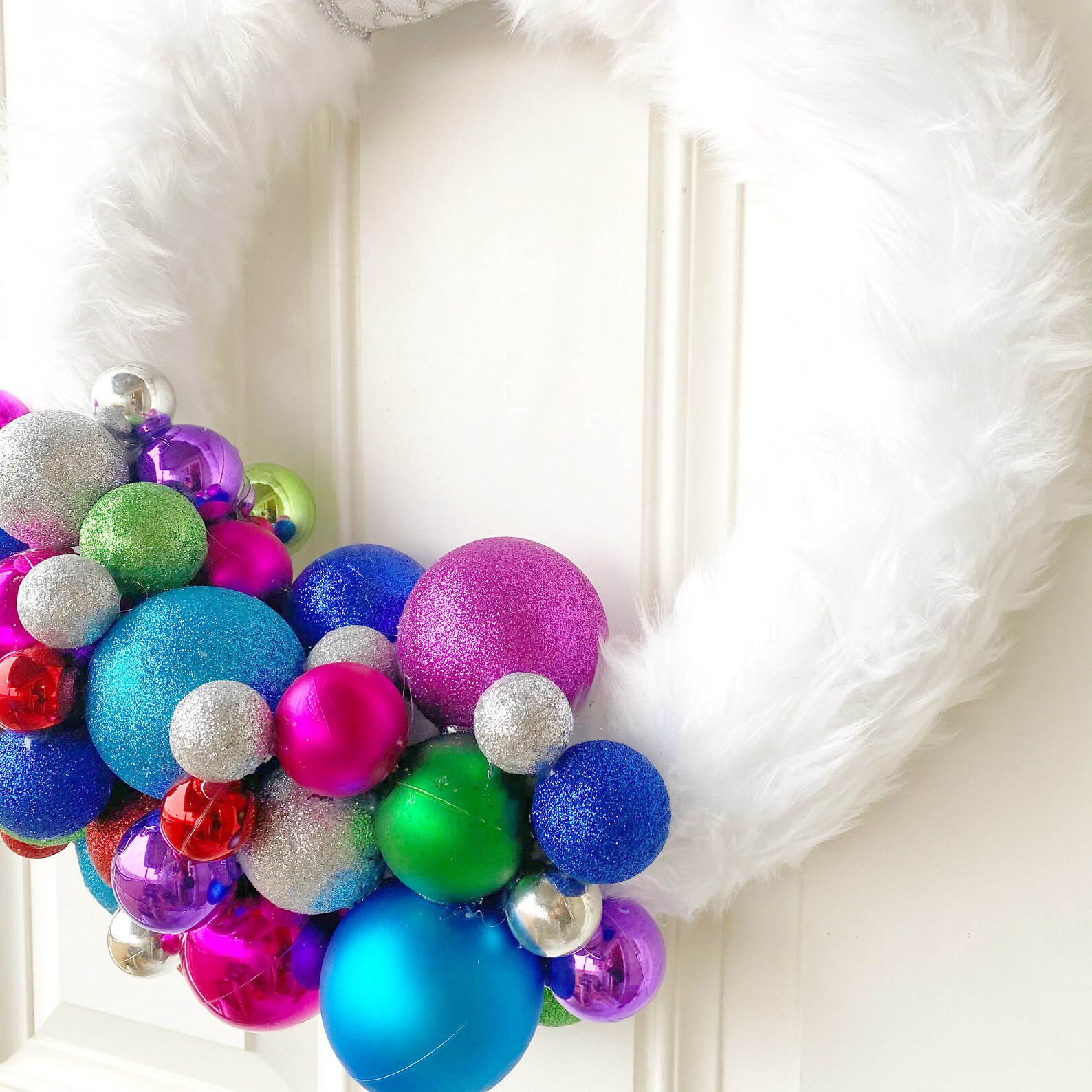 White Faux Fur Christmas Ornament Wreath Multicolor Bright Etsy