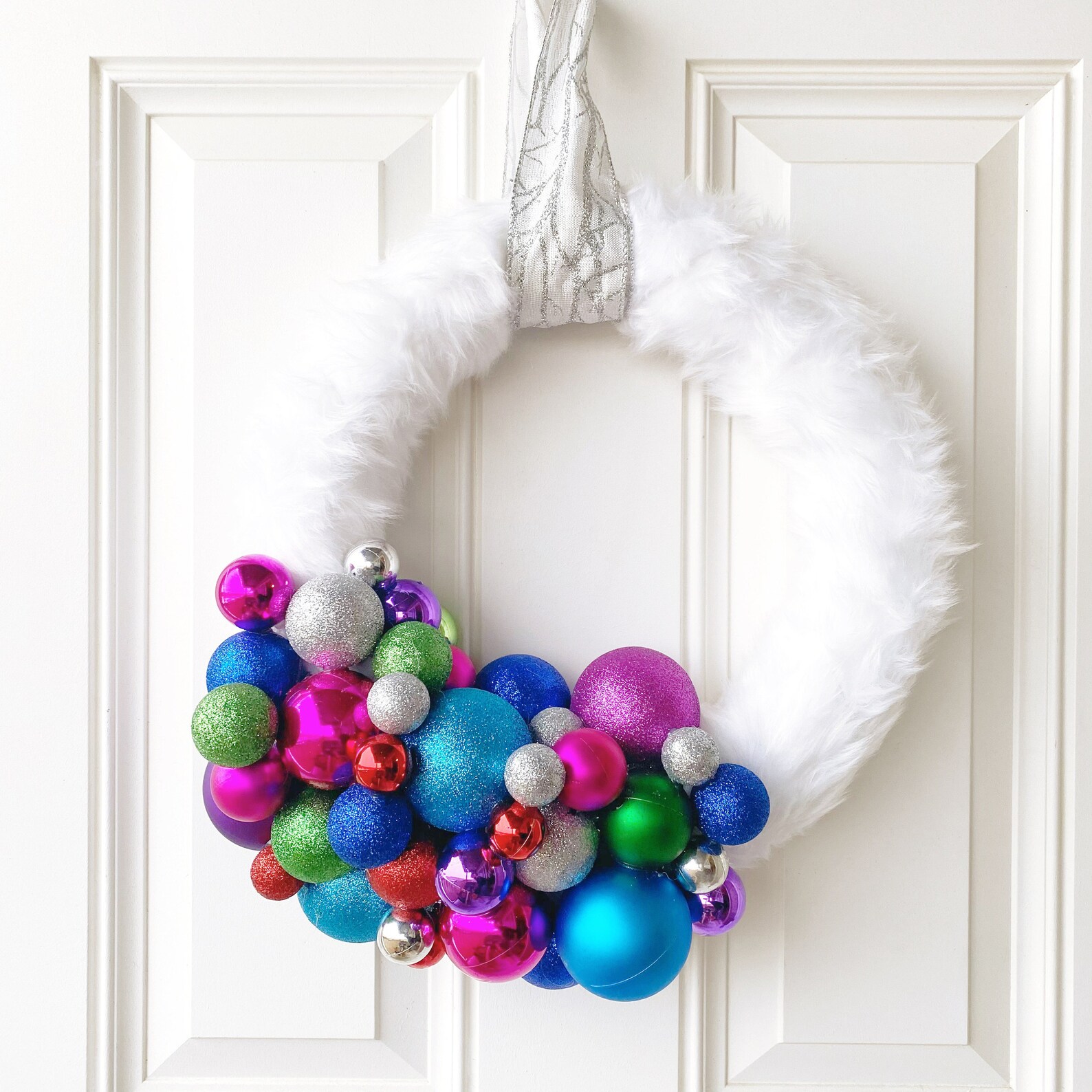 White Faux Fur Christmas Ornament Wreath Multicolor Bright Etsy