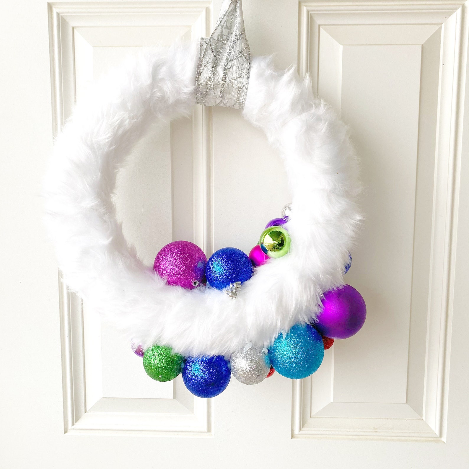 White Faux Fur Christmas Ornament Wreath Multicolor Bright Etsy