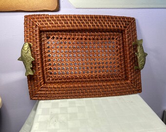 Serving Tray, Bamboo Wicker, Brass Fish Handles
