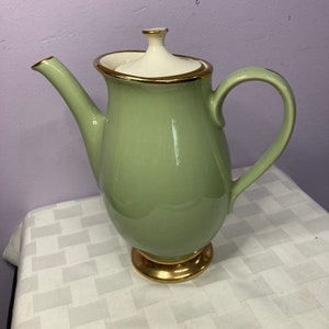 Teapot, Chocolate Pot, Olive Green, Beige and Gold, Porcelain, 60s, vintage