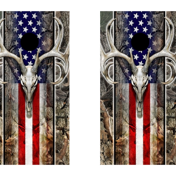 White Tail Deer Vinyl Cornhole Board Wrap American Flag Baggo Bag Toss Skin Sticker Antler Trophy Hunting Buck American Flag Skull Rack