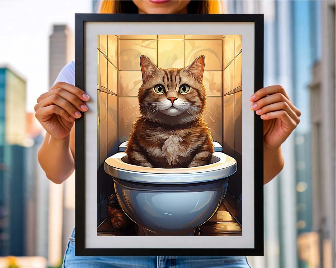 Funny Cat in Toilet Bathroom Art Painting Print | Wall Decor | Vintage ...