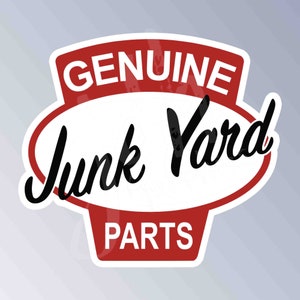 May include: A sticker with a red and white design. The top of the sticker reads "GENUINE" in white capital letters on a red background. The center has the words "Junk Yard" in black script on a white oval. The bottom reads "PARTS" in white capital letters on a red background.