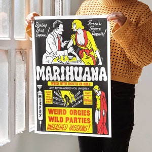 May include: A vintage-style poster with the word "Marihuana" in large letters. The poster features illustrations of people and text warning of the dangers of drug use. The color palette includes black, white, yellow, and red.