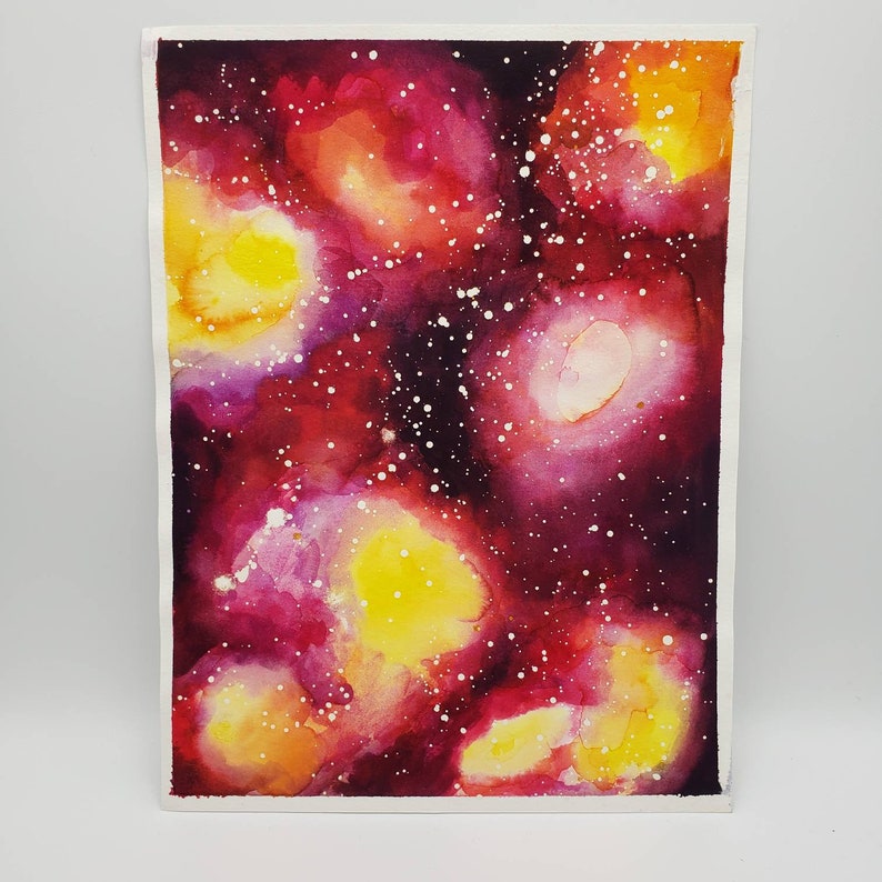 Red and Yellow Multicolor Original Watercolor Galaxy Space Nebula Night Sky Stars image 1