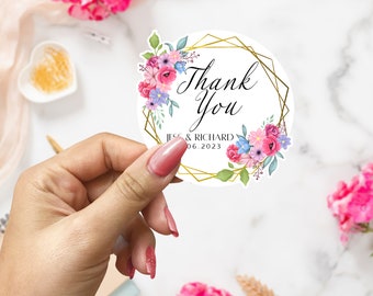 Wedding Thank You Label Favours - Pink & Gold, Flowers, Personalised Stickers, Thank You Favours, Stickers, Wedding Favours, Gift Tags