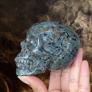 Op de afbeelding: Een donkergrijze en zwart gevlekte stenen schedelsculptuur. De schedel is gedetailleerd gesneden en heeft een gladde, gepolijste afwerking.