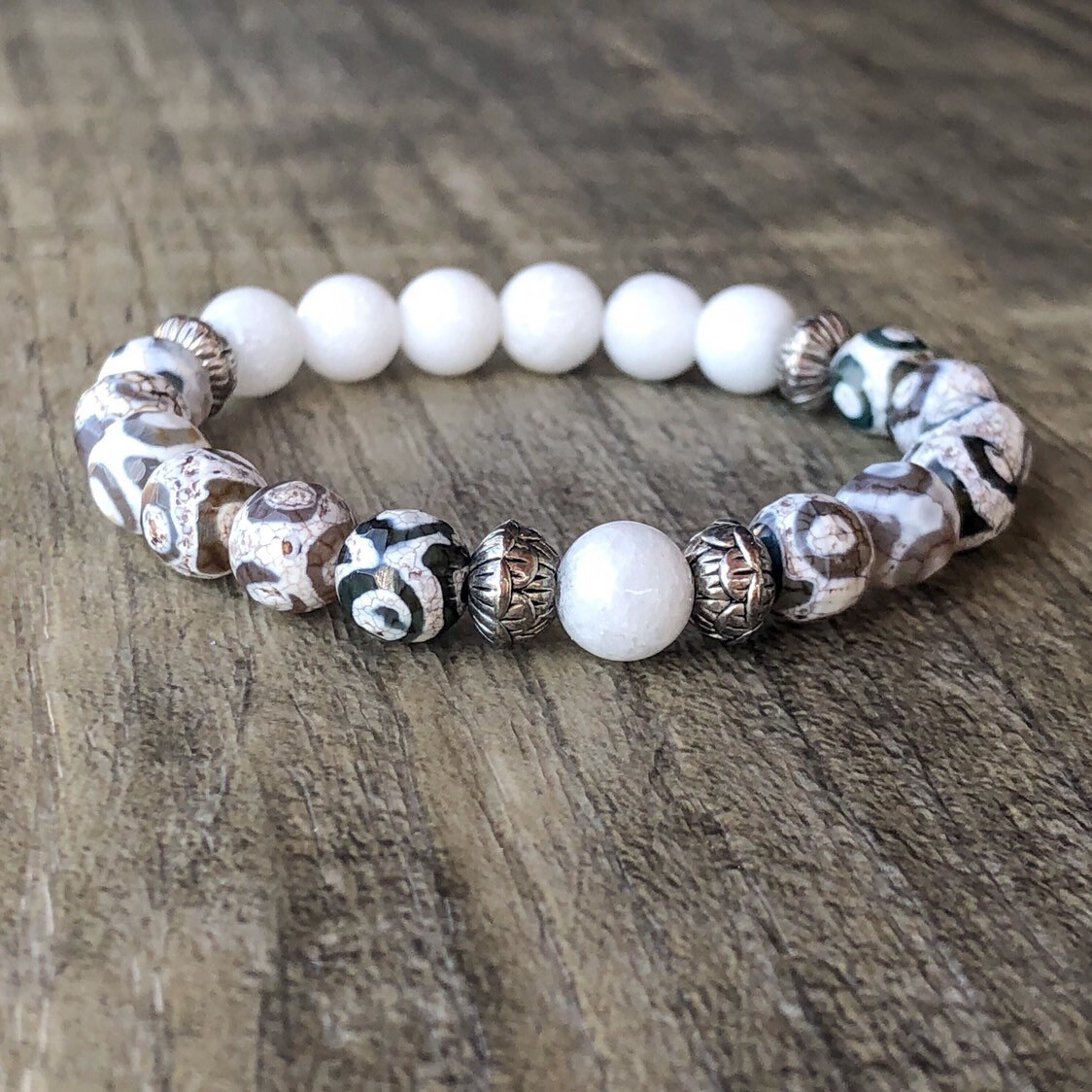 Agate & White Jade Bracelet -Stabilize, Peace, Luck