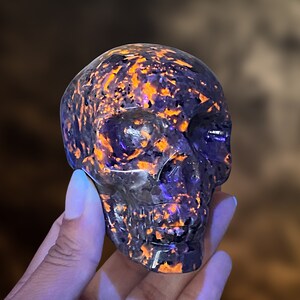 Op de afbeelding: Een donkerpaarse en zwarte schedel gesneden uit een steen met oranje en gele vlekken. De schedel wordt belicht met UV-licht, waardoor de oranje en gele vlekken gaan gloeien.