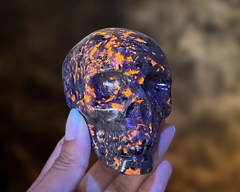 Op de afbeelding: Een donkerpaarse en zwarte schedel gesneden uit een steen met oranje en gele vlekken. De schedel wordt belicht met UV-licht, waardoor de oranje en gele vlekken gaan gloeien.