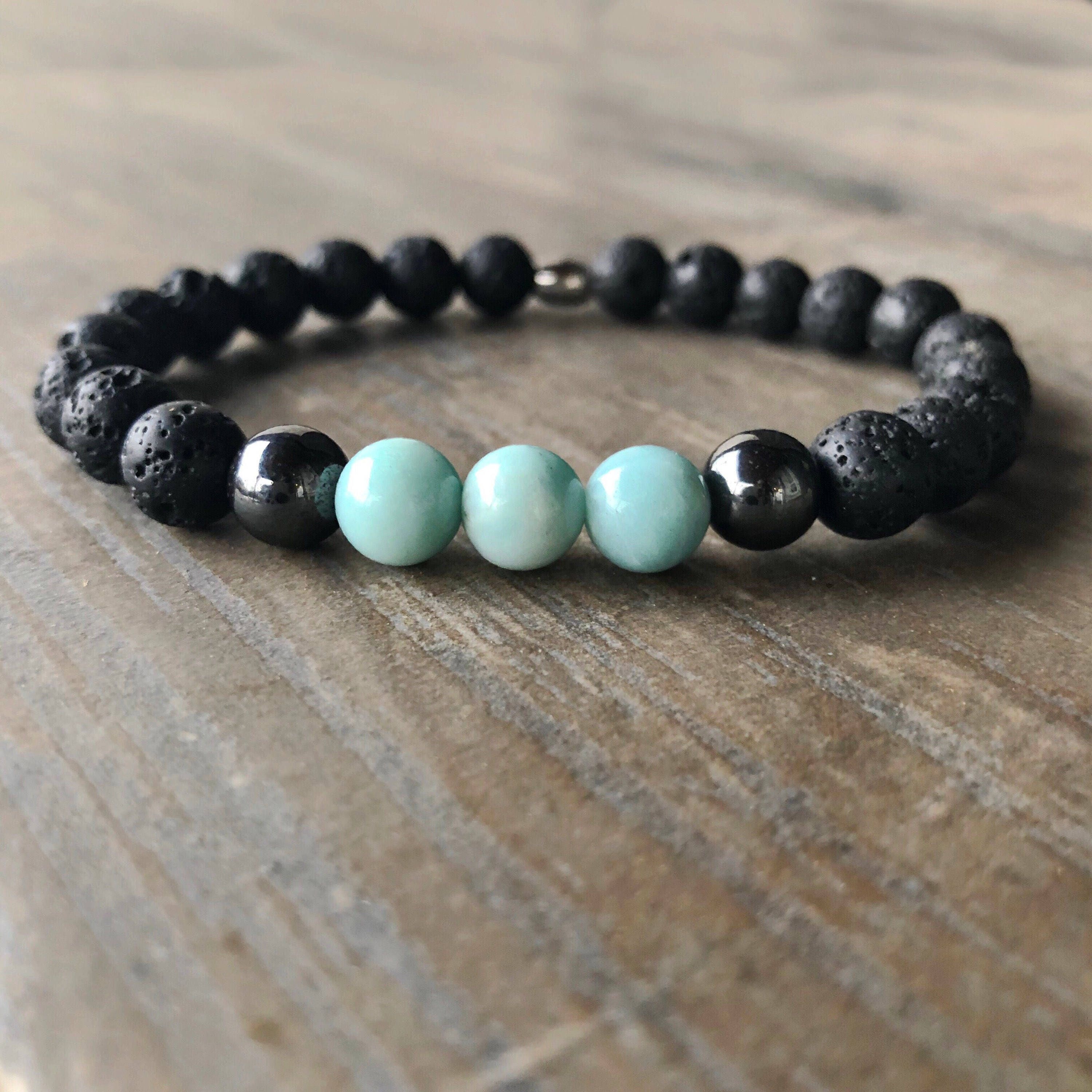 Men's Beaded Bracelet for Anxiety Amazonite, Hematite, Lava Stone