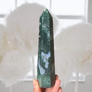 Natural Moss Agate Tower with Druzy, Moss Agate Points, Moss Agate Wand, Green Moss Agate, Polished Moss Agate, Healing Crystals