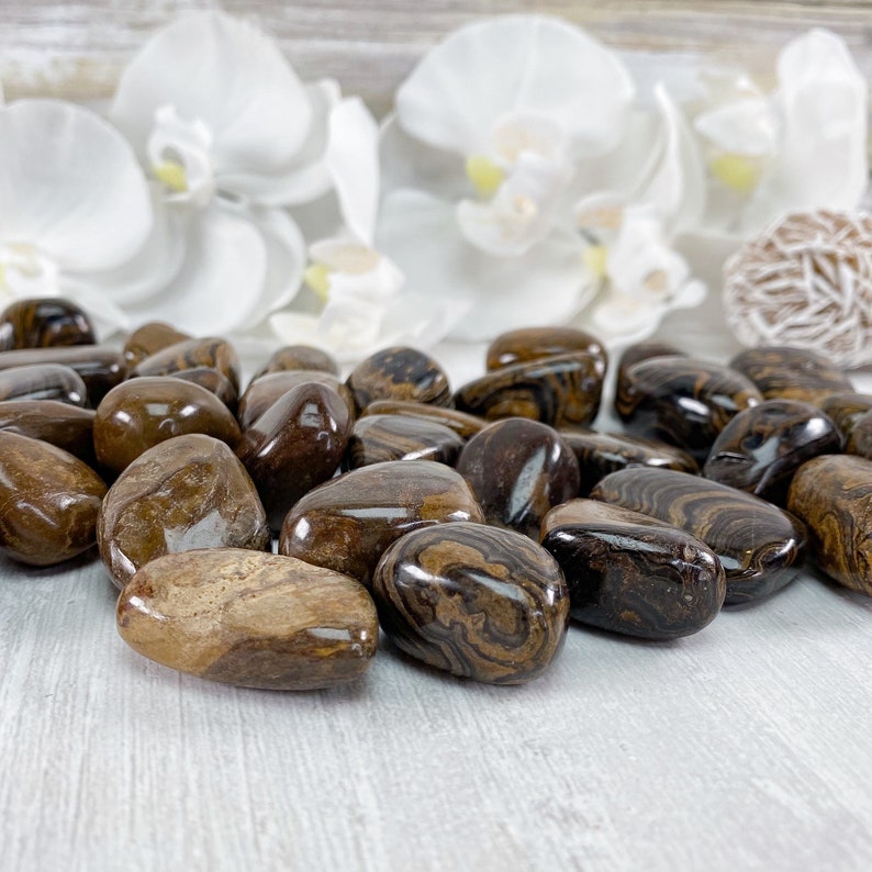 May include: A collection of brown and black banded tumbled stones. The stones are smooth and polished, with a variety of patterns and textures.