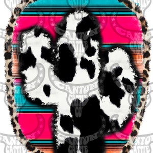 May include: A black and white cowhide pattern with a pink and turquoise striped background. The background is surrounded by a leopard print border.