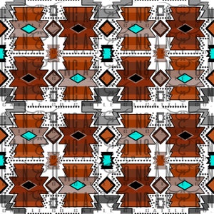 May include: A seamless pattern featuring a geometric design in shades of brown, gray, and turquoise. The pattern is reminiscent of Native American art and includes repeating diamond shapes and zig-zag lines.