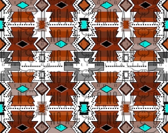 May include: A seamless pattern featuring a geometric design in shades of brown, gray, and turquoise. The pattern is reminiscent of Native American art and includes repeating diamond shapes and zig-zag lines.