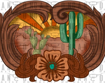 May include: A digital illustration of a desert scene with a sunset, a cactus, and a flower. The scene is framed by a brown wooden design.