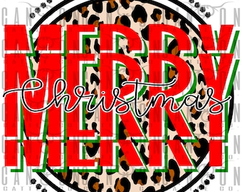 Op de afbeelding: Een rode en groene 'Merry Christmas'-afbeelding met een luipaardprint achtergrond. De afbeelding is in een cirkel met een zwarte rand en zwarte stippen rond de buitenkant.