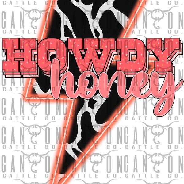 howdy honey cow print neon lightning bolt, western, punchy, retro, png, instant download, sublimation design