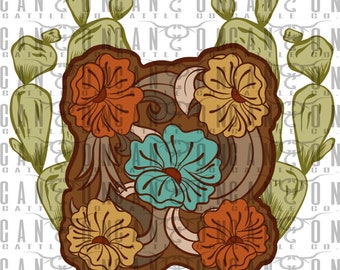 May include: A brown, floral design with four flowers in shades of orange, yellow, blue, and teal. The flowers are surrounded by brown, swirling vines. The background is a white, textured surface.