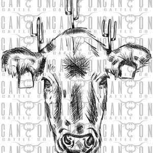 hatched cow head with cactus, cactus, cow, western, punchy, png, instant download, sublimation design