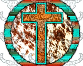 May include: A turquoise and brown circular design with a cowhide pattern in the center. A brown cross with a floral pattern is superimposed over the cowhide. The cross has a turquoise outline.