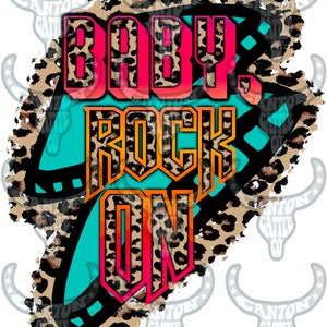 baby rock on, leopard, turquoise, lightning, lightning bolt, retro, vintage, western, png, instant download, sublimation design
