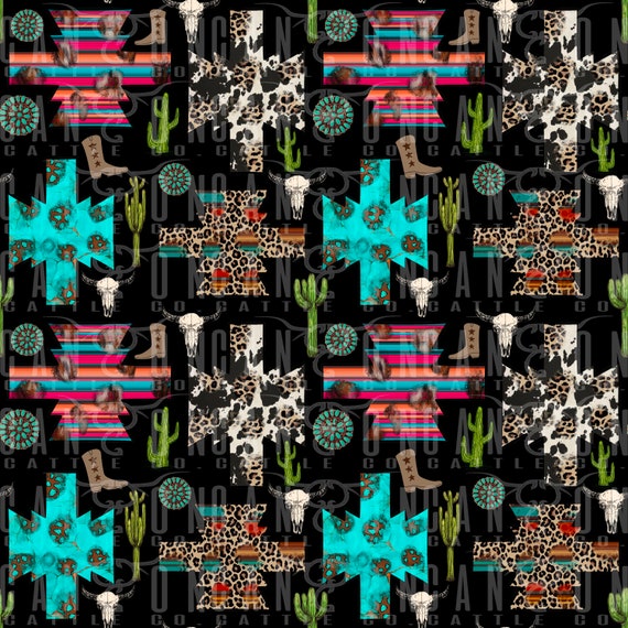 Western Aztec Seamless Pattern, Turquoise, Cowhide, Cow Print