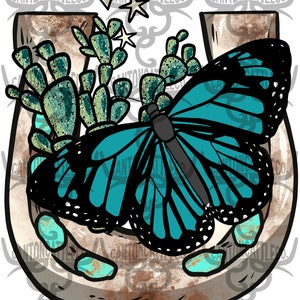 butterfly desert with turquoise horseshoe, western, retro, png, instant download, sublimation design