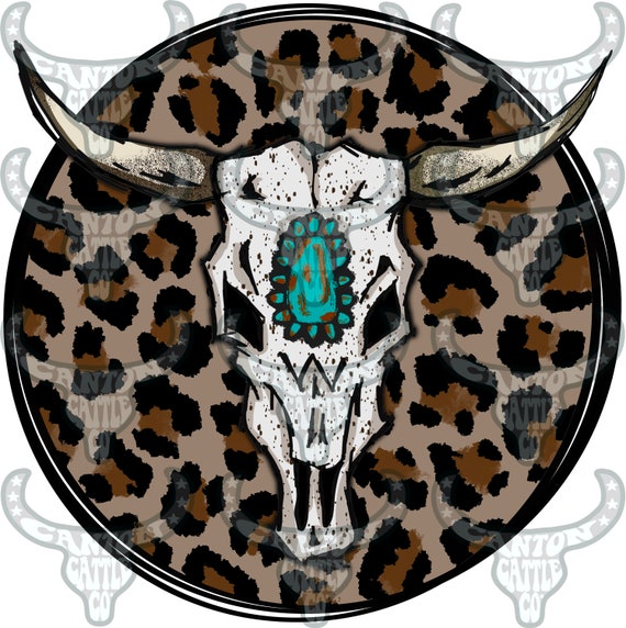 Turquoise Steer Skull, Leopard, Western, Punchy, PNG, INSTANT