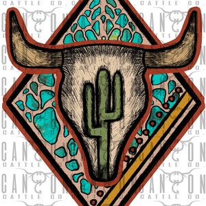 longhorn steer head cow skull turquoise diamond, cactus, wester, punchy, png, instant download, sublimation design