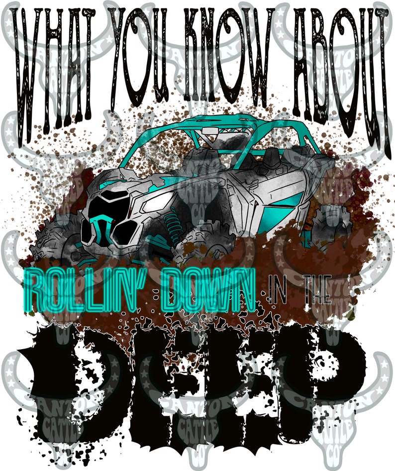 Peut inclure: Un v&eacute;hicule tout-terrain blanc et turquoise roule dans la boue. Le texte "What you know about rollin' down in the deep" est &eacute;crit en noir sur fond blanc.